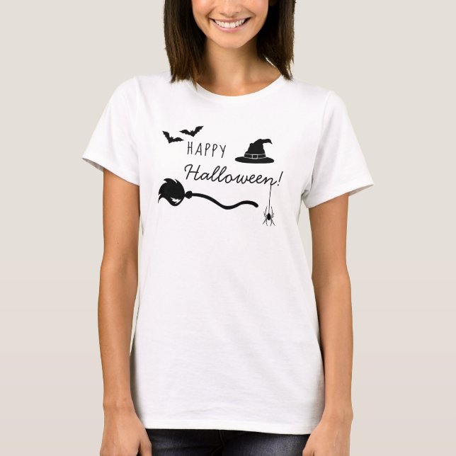 Häxhatt och kvast med spindel och fladdermöss Hall T Shirt (Framsida)