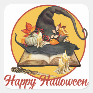 Häxhatt & Trollformelbok Halloween Fyrkantig Klist Fyrkantigt Klistermärke