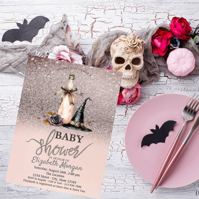 Häxhatt Vin Ros Glitter Bokeh Baby Shower Inbjudningar (Skapare uppladdad)