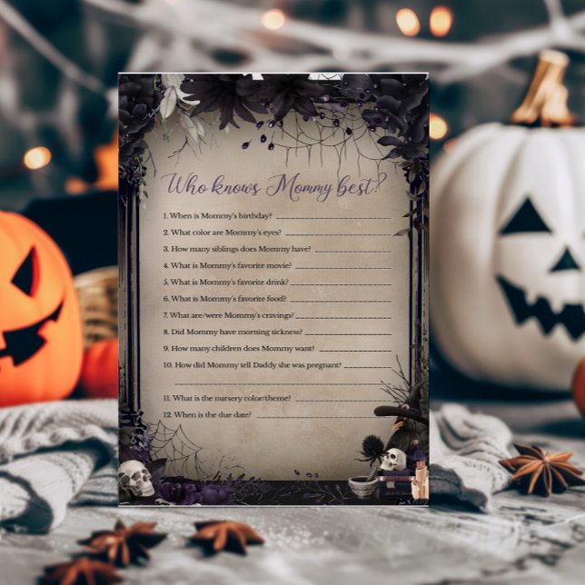Häxig gotisk Halloween vem vet mamma bäst spel (Witchy Baby Shower Who knows Mommy Best Game)