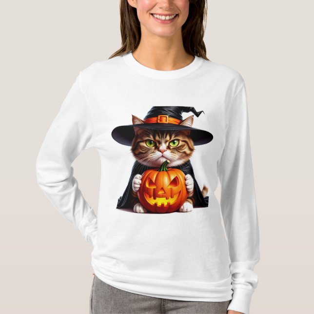 Häxig Grumpy Cat med Jack O Lantern Pumpa 🎃 T Shirt (Framsida)