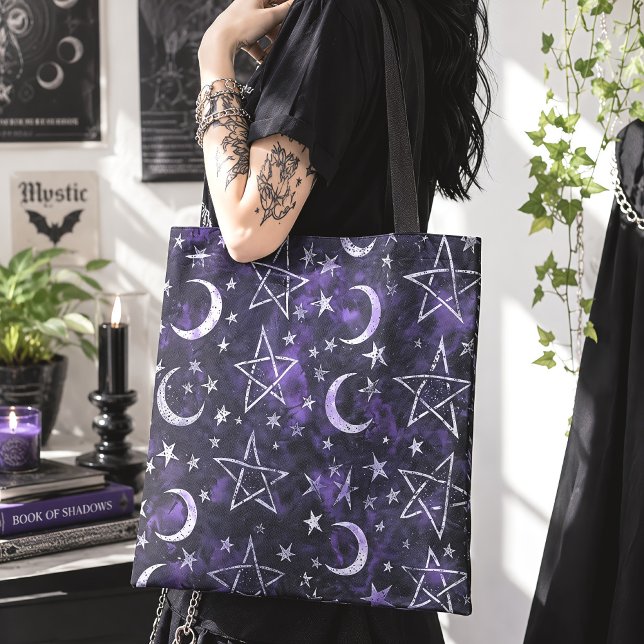 Häxig måne & pentagram lila gotisk tygkasse (Skapare uppladdad)