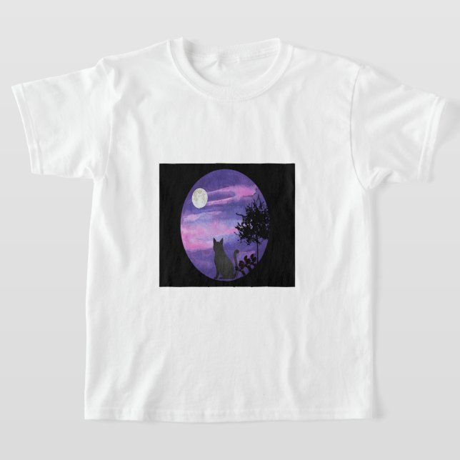 Häxig svart katt & lila måne | Celestial goth T Shirt (Laydown)