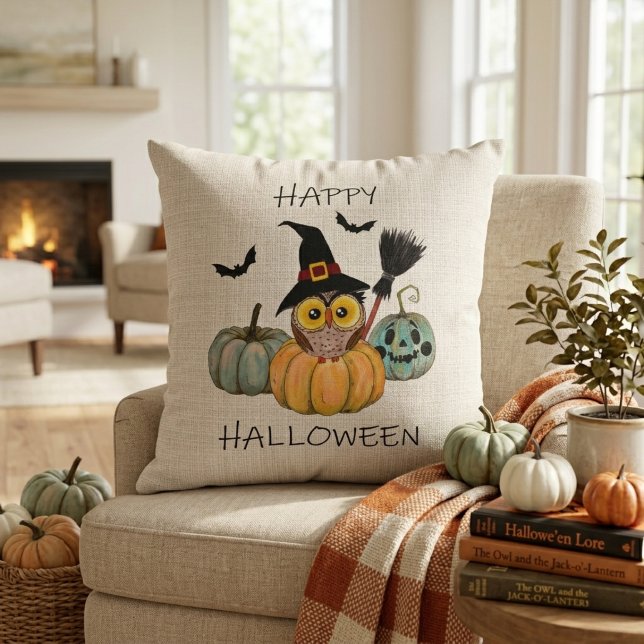 Häxig uggla God Halloween Kudde (Witchy Owl Happy Halloween Throw Pillow)