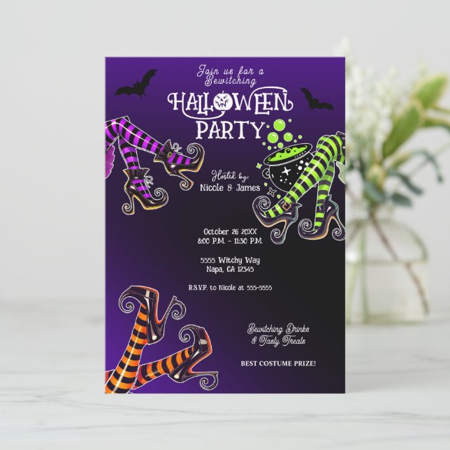 Häxiga Ben Förhäxande Lila Halloweenfest Inbjudningar (Stående Fram)
