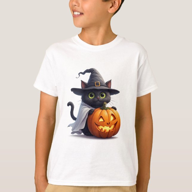 Häxkat med Jack O Lantern Halloween-tema 🎃 T Shirt (Framsida)