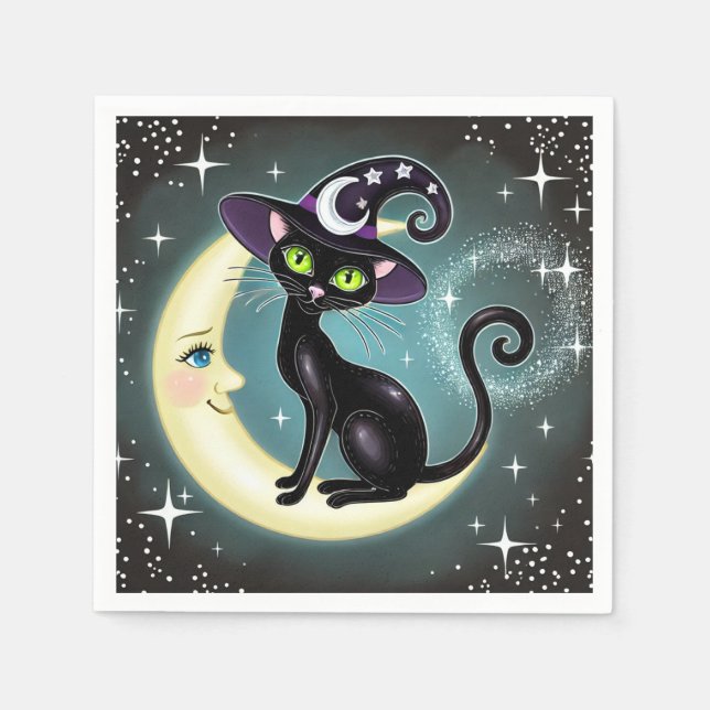 Häxkatt på halvmåne Halloween Wiccan Wicca Pappersservett (Framsidan)
