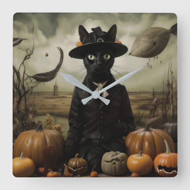 Häxkatten med pumpor  fyrkantig klocka (Framsida)