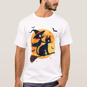 Häxkatten på en kvast Halloween natt vektor T Shirt
