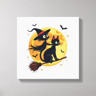 Häxkatten på en kvast � Halloween Night Vektor Canvastryck