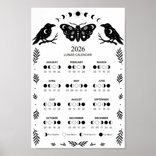 Häxkonst Moth Kråka Celestial Lunar Månkalender Poster (Framsidan)