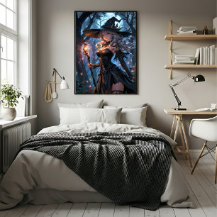 Häxkonstnär under månljus i en förtrollad skog poster