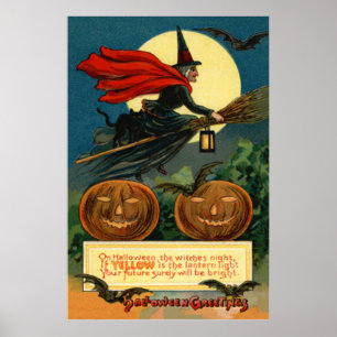 Häxkvast Flugande Jack O Lantern Svart Katt Fladde Poster