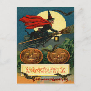 Häxkvast flygande Jack O Lantern svart katt fladde Vykort