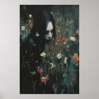 Häxlik Kvinna Lunen Mörk Blommig Vildblomma Poster