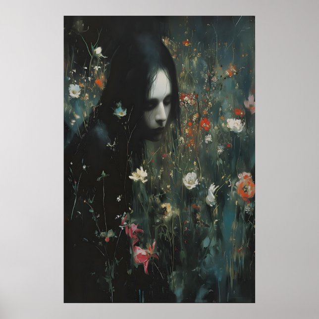 Häxlik Kvinna Lunen Mörk Blommig Vildblomma Poster (Framsidan)