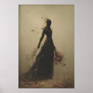 Häxliknande kvinnofigur som håller blommor löses u poster