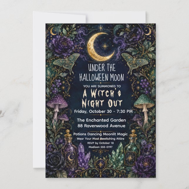Häxornas natt ute Halloween-måne Botanisk fest Inbjudningar (Framsida)
