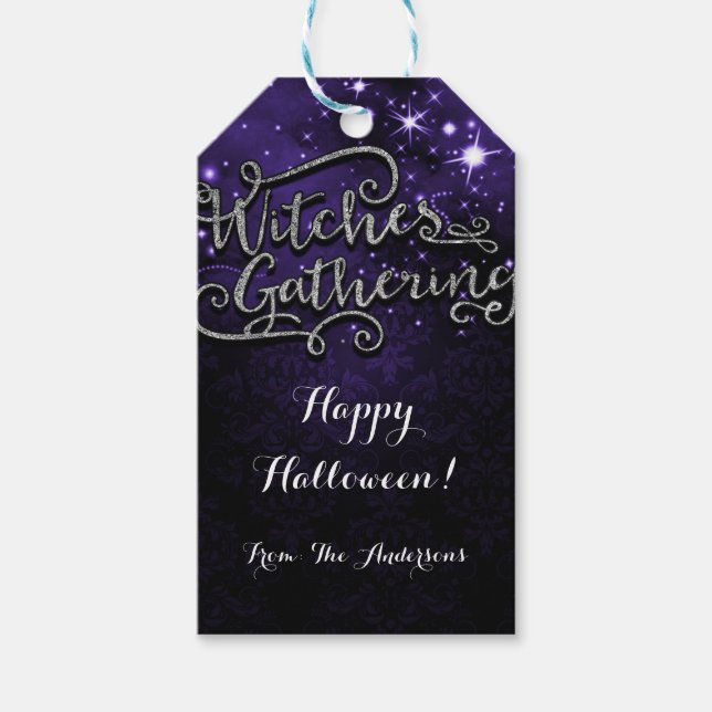 Häxornas sammanslutning lila & svart damaskfavorit presentetikett (Framsidan)