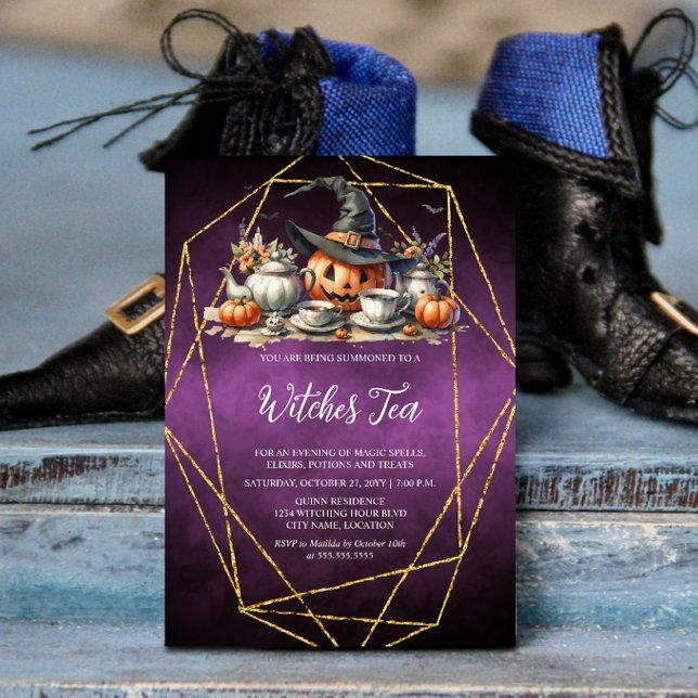 Häxornas Te Inbjudningar (Witch's tea / wiccan / Halloween gathering invitation front view.)
