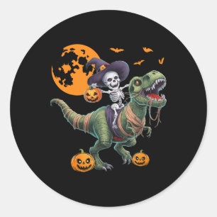 Häxskelett som rider på dinosaurien T Rex Hallowee Runt Klistermärke