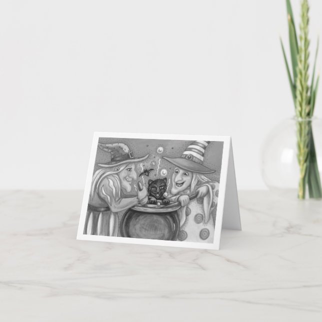 HÄXSYSTRAR, SVART KATT & HALLOWEEN-BRYGD KORT (Framsida)