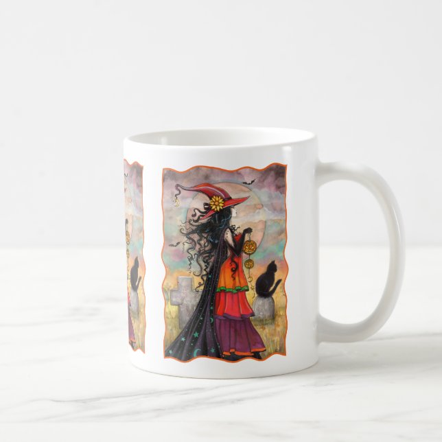 Häxväg Halloween Häxa och Katt Fantasykonst Kaffemugg (Höger)