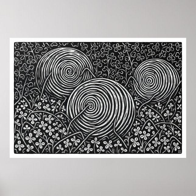 Hay Bales And Clover Large Linocut Print Poster (Framsidan)