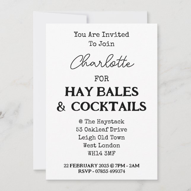 Hay Bales and Cocktails Elegant Bachelorette Party Inbjudningar (Framsida)