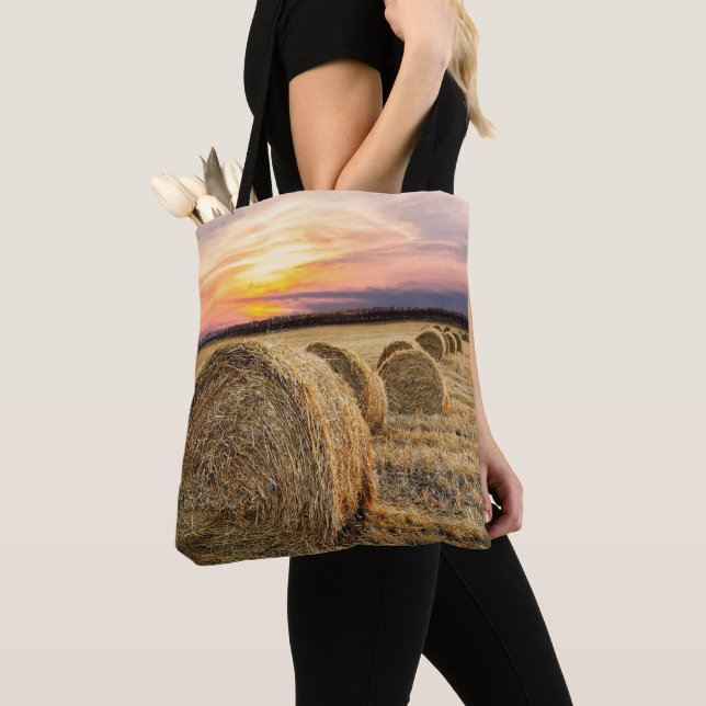 Hay Bales Farm Ranch Sunset Tote Bag Tygkasse (Närbild)