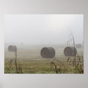 Hay Bales in fog Poster