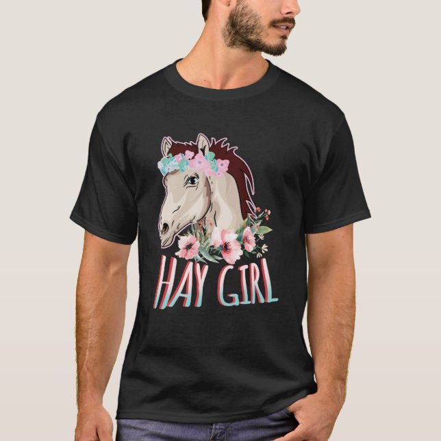 Hay Girl Horse & Flowers  Blommigt H T Shirt (Framsida)