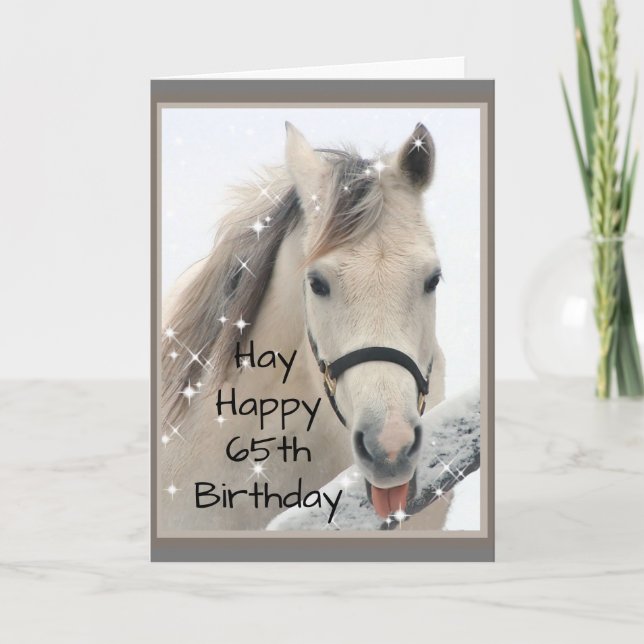 Hay Lycklig 65e Birthday Horse Catching Snöflingor Kort (Framsida)