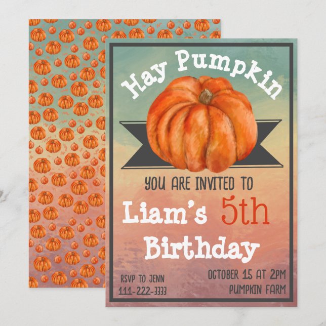 Hay Pumpkin Fall Birthday Party Invitation Inbjudningar (Fram/baksida)