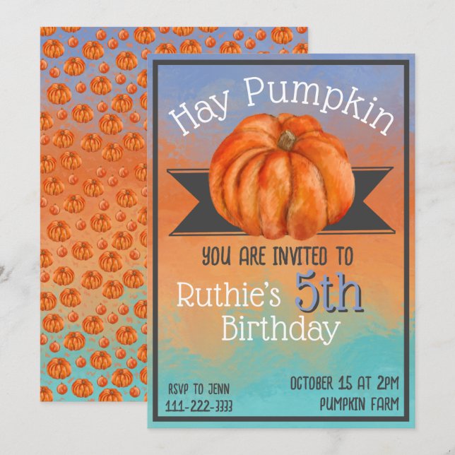 Hay Pumpkin Fall Birthday Party Invitation Inbjudningar (Fram/baksida)