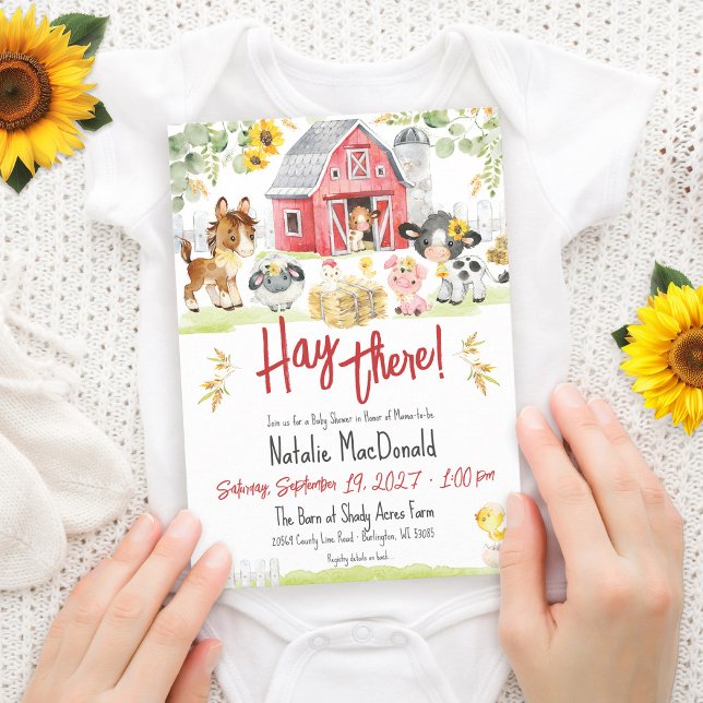 Hay There Cute Farm Animals Sunflower Baby Shower Inbjudningar (Funny Hay There cute watercolor red barn farm animals sunflower greenery neutral baby shower invite)