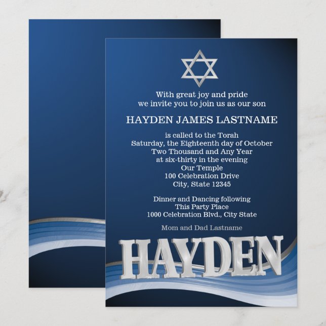 Hayden Steel Wave Namn Pub Mitzvah Inbjudningar (Fram/baksida)