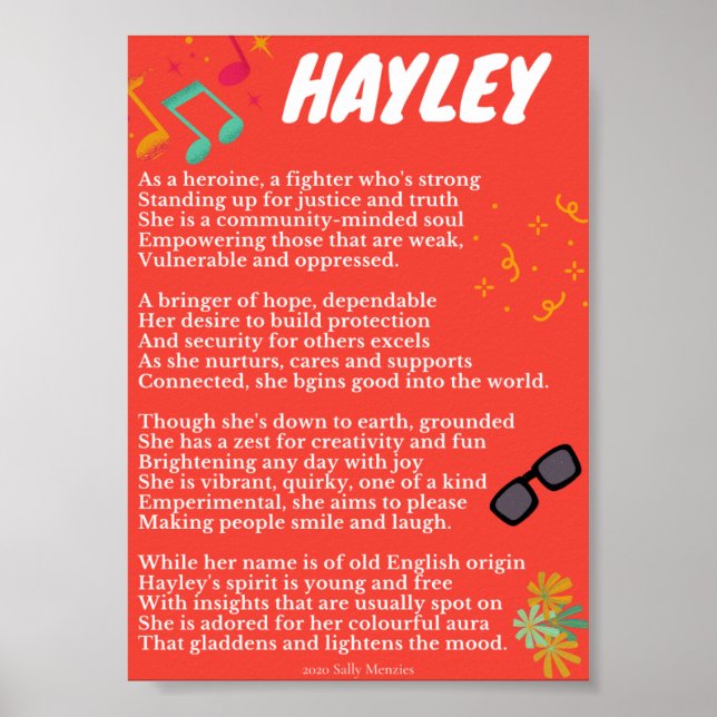"Hayley" Namn Dikt Poster (Framsidan)