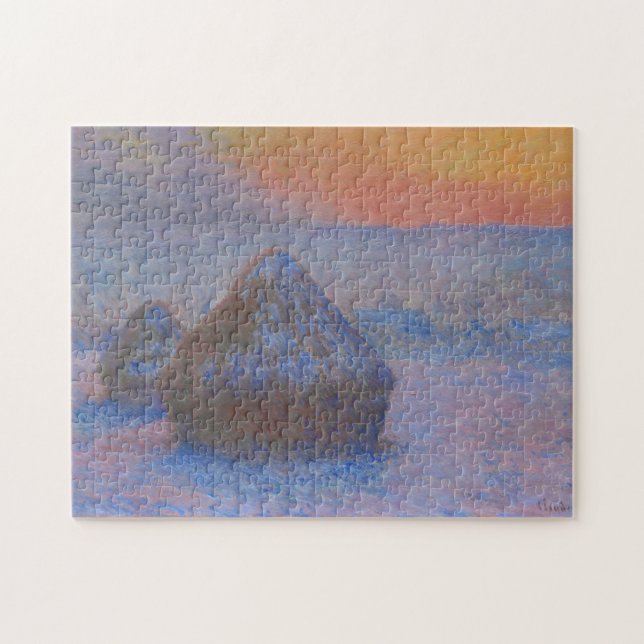 Haystacks at Sunset Snö Effect Monet Fine Art Pussel (Horisontell)