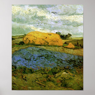 Haystacks under Rainy Himlar Van Gogh Fine Art Poster