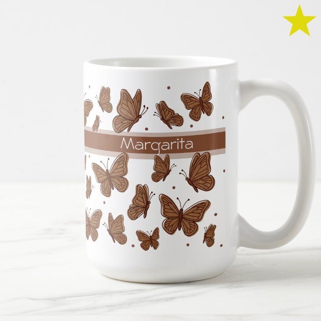 Hazel Brun Fjärilar & Prick Anpassat Namn Monogram Kaffemugg (Skapare uppladdad)