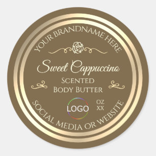 Hazelnut Brown Product Label Guld Ram med Logotyp Runt Klistermärke