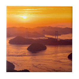 Hazy sunset on Kurushima Kaikyo Bridge and Kurushi Kakelplatta