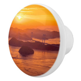 Hazy sunset on Kurushima Kaikyo Bridge and Kurushi Knopp