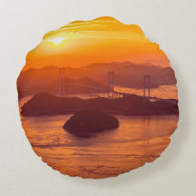 Hazy sunset on Kurushima Kaikyo Bridge and Kurushi