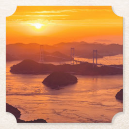Hazy sunset on Kurushima Kaikyo Bridge and Kurushi Underlägg Papper