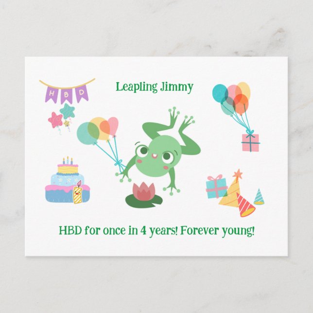 HBD Groda Lövkaka Ballonger Hattar Design Vykort (Framsida)