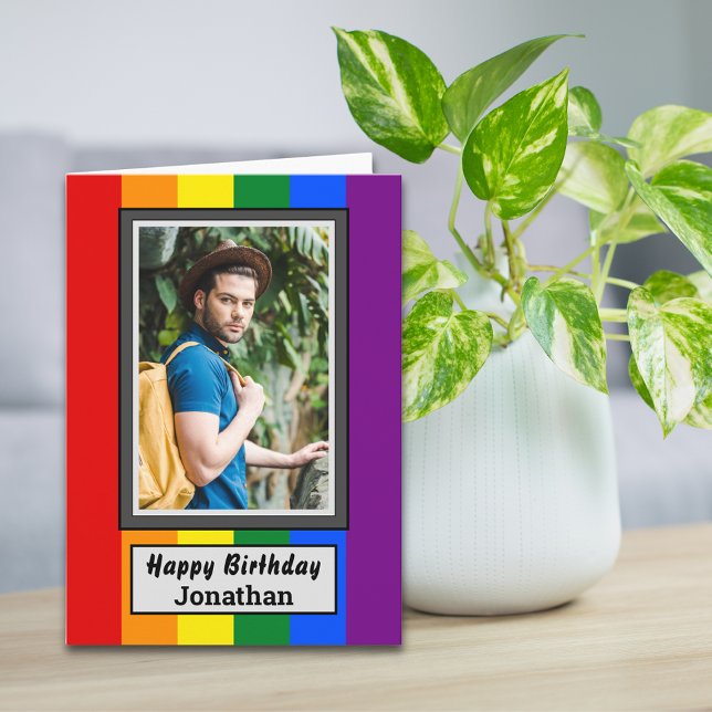 HBT Gay Rainbow Flagga med Photo & Namn Birthday Kort (Skapare uppladdad)