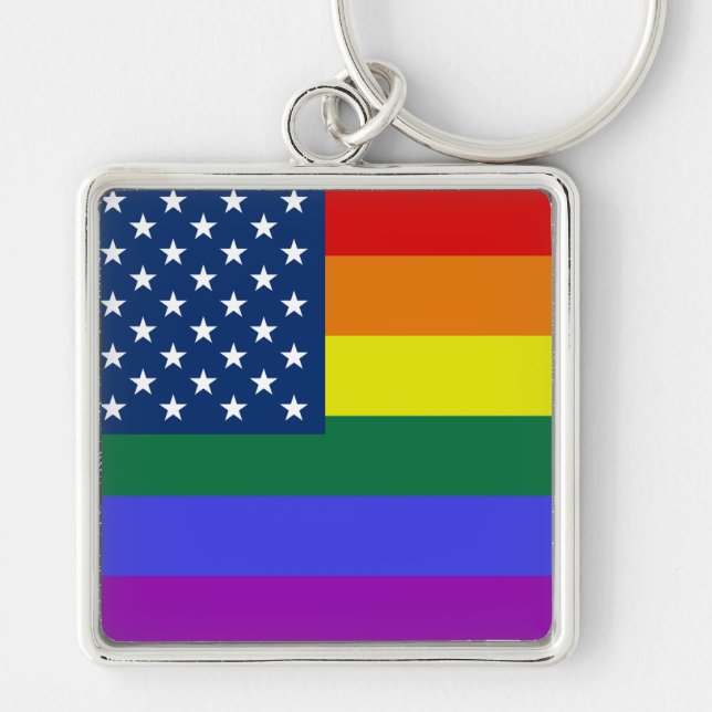HBT-Pride Amerikanska Flagga med stjärnor Fyrkantig Silverfärgad Nyckelring (Framsidan)