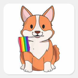 HBT-Pride Cute Corgi Hund med regnbåge flagga Le Fyrkantigt Klistermärke